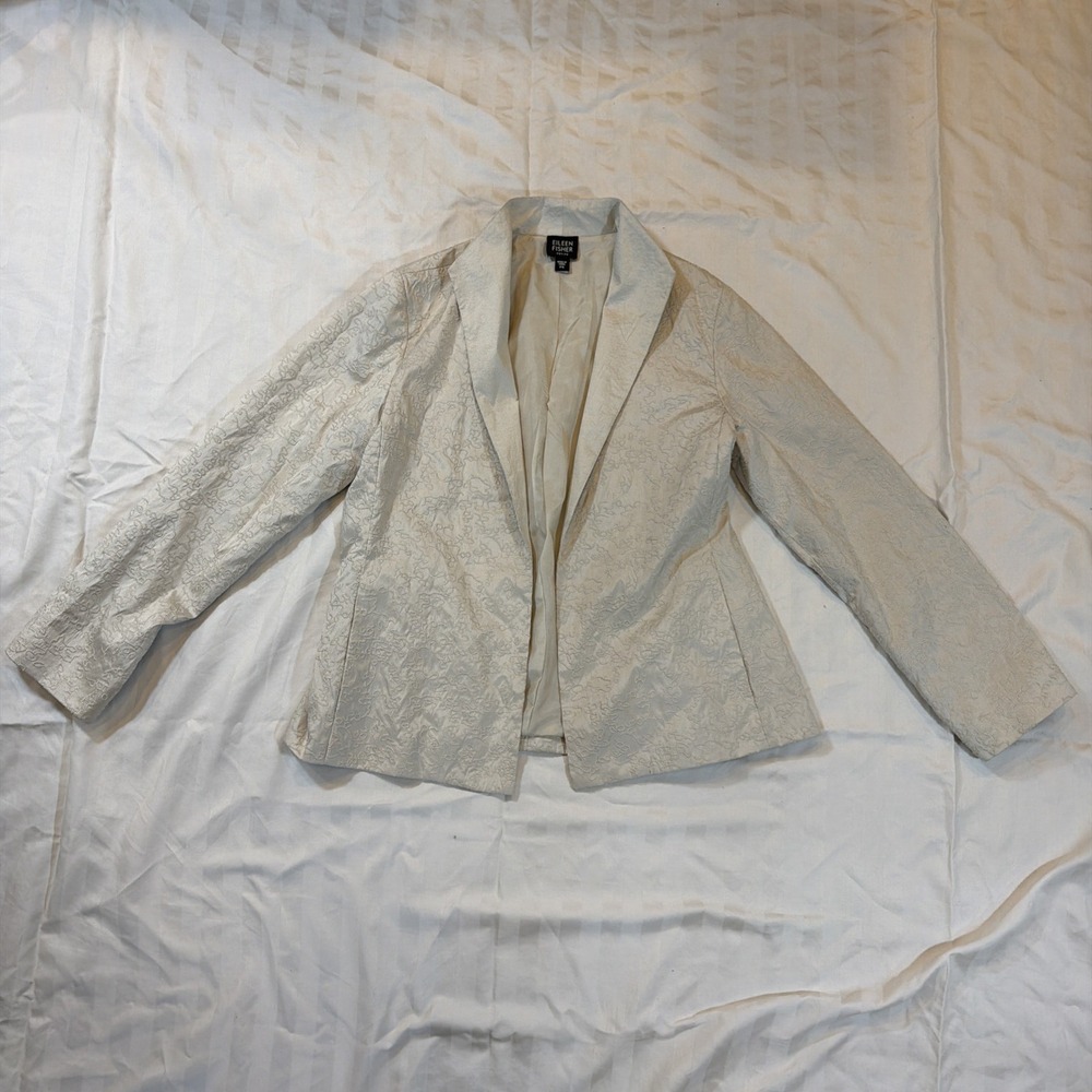 Eileen Fisher Embroidered Textured 100% Silk Open Front Blazer Off-White PS